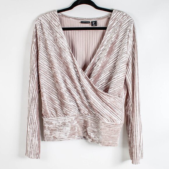 Tahari Large Dusty Beige Pleated Velvet Faux Wrap Top Blouse - Picture 1 of 8